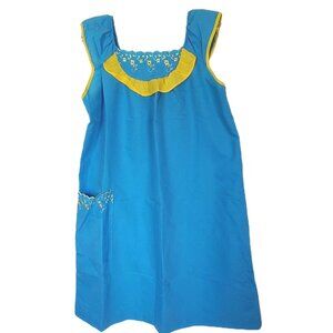 Vintage 1970s Embroidered Blue & Yellow Rikki Dress